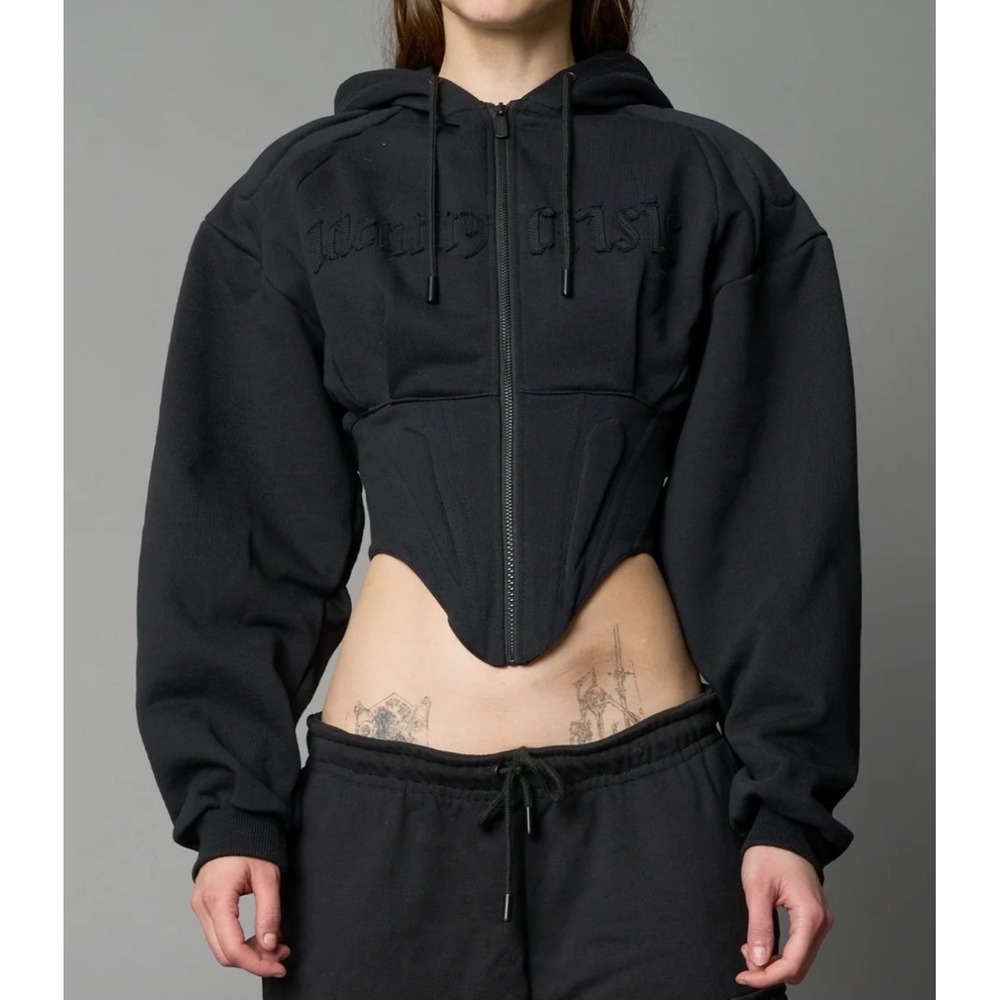 Namilia Womens Black Identity Crisis Corset Zip Up Hoodie Goth‎ Streetwear XL